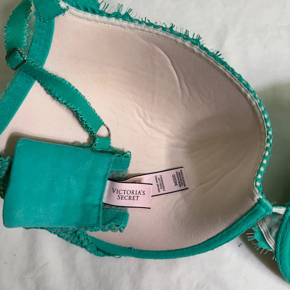 NWT Victoria's Secret Dream Angel Teal/Ivory Lace Push Up Bra 34DDD - Picture 3 of 3